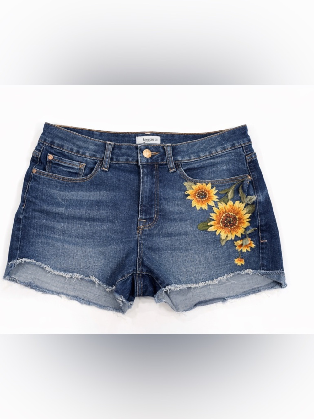 Kensie Denim Shorts Floral Embroidered Sunflower Raw Hem Size 6 28 - Picture 12 of 12